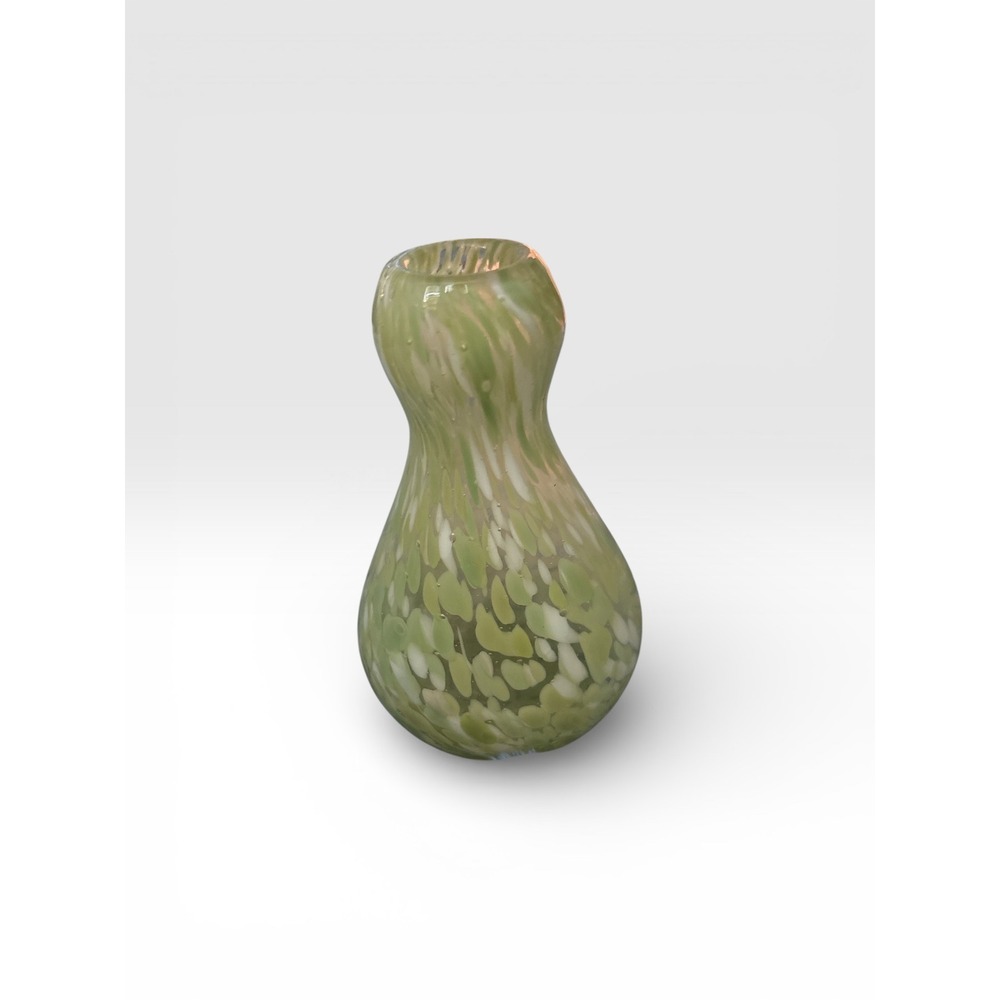 Hand Blown Green White Confetti Art Glass Bud Vase Gourd Shape 5.25 Inch